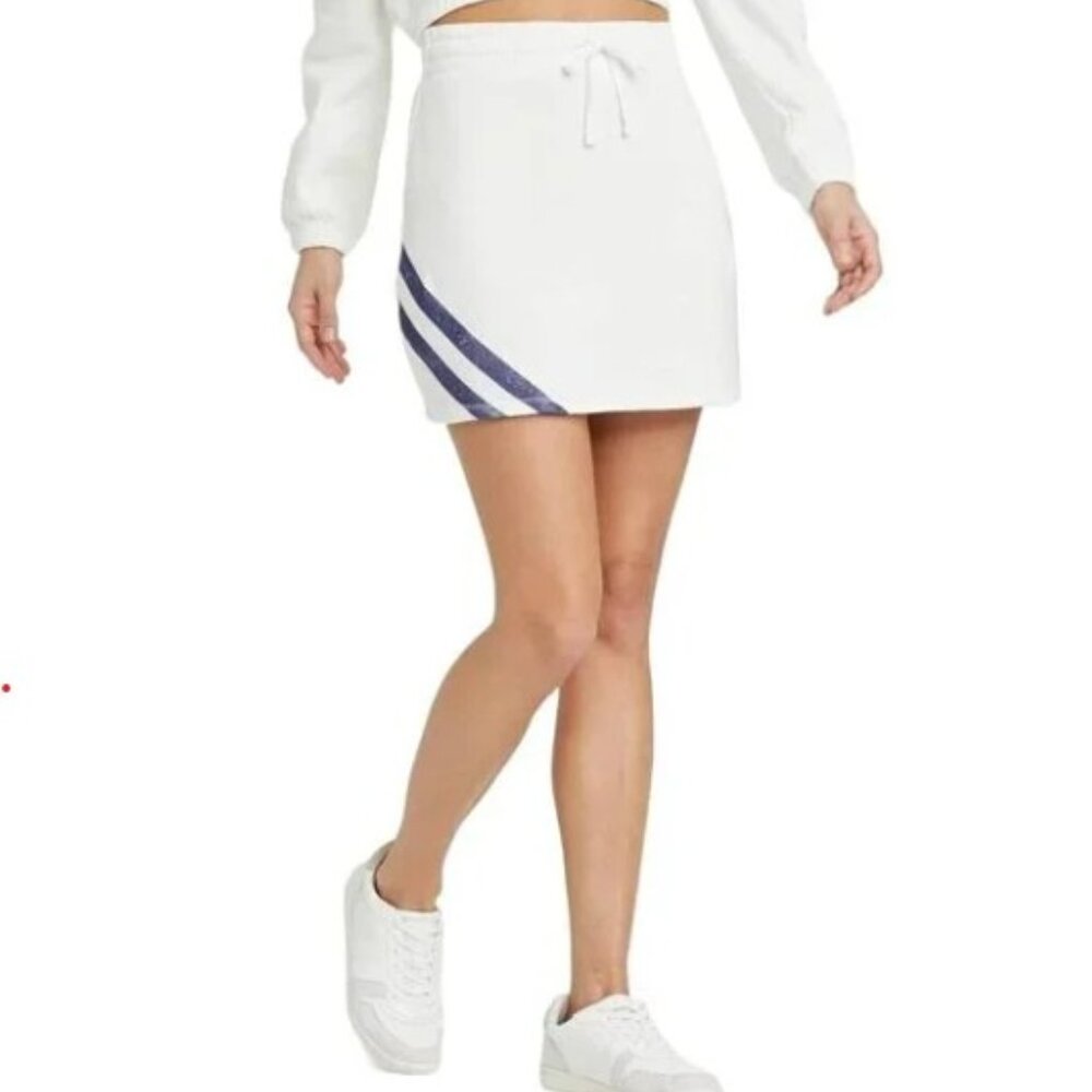 Grayson Threads Womens  Fleece Drawstring Mini Skirt With Blue Stripe Trim M New